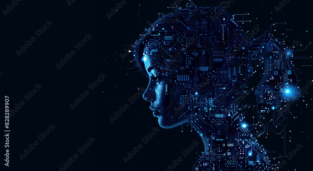 A digital illustration of a human profile intertwined with circuitry, set against a starry space-like background, concept of technology and humanity. Generative AI A digital illustration of a human profile intertwined with circuitry, set against a starry space-like background, concept of technology and humanity. Generative AI