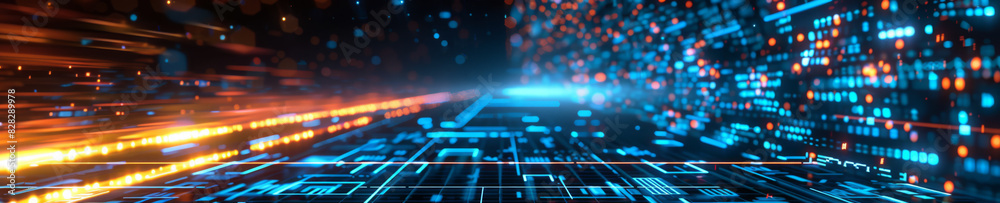 A computer generated of a cityscape with a blue sky and orange A computer generated of a cityscape with a blue sky and orange