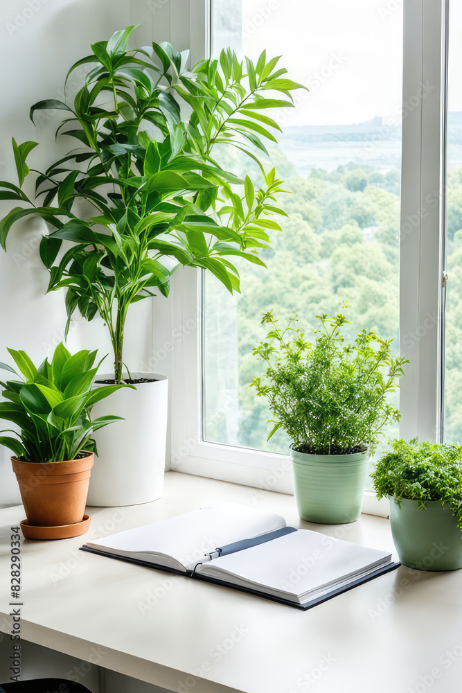 Fototapeta premium Desk of free space with green plant and window of spring time 