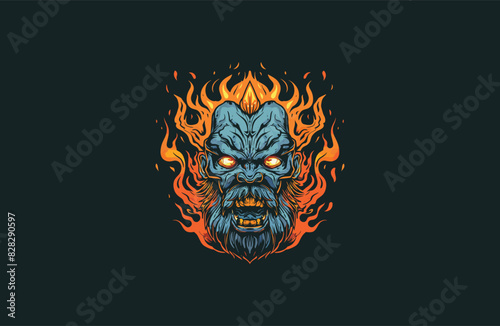 Angry titan monster onfire vector logo apparel design illustration