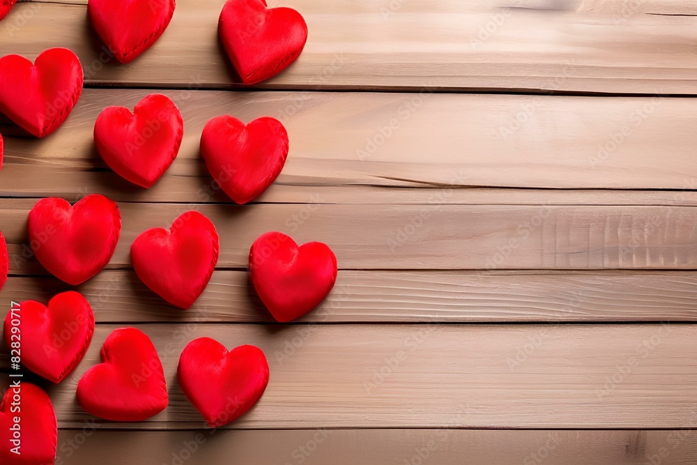 Valentines day background with red hearts on brown wooden board with Copy Space. Valentines day background with red hearts on brown wooden board with Copy Space.