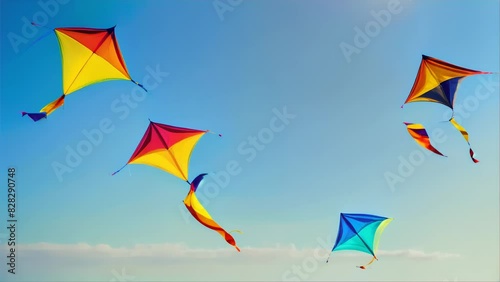 Two vividly hued kites soaring gracefully with long tails against the serene backdrop of a clear sky. photo