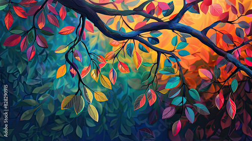 Fototapeta Naklejka Na Ścianę i Meble -  Elegant colorful tree with vibrant leaves hanging branches illustration background. Bright color 3d abstraction wallpaper for interior mural painting wall art decor. Ai	