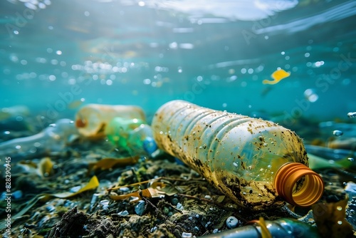 plastic bottle in ocean floor creating water pollution 