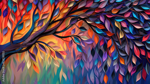 Fototapeta Naklejka Na Ścianę i Meble -  Elegant colorful tree with vibrant leaves hanging branches illustration background. Bright color 3d abstraction wallpaper for interior mural painting wall art decor. Ai	