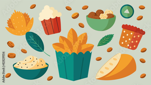 An assortment of guiltfree organic snacks such as airpopped popcorn quinoa puffs and roasted almonds.. Vector illustration
