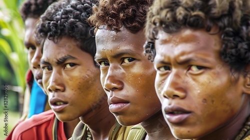 Young men of East timor. East Timorese men.Four young men with serious expressions standing in a line outdoors, looking into the distance.  photo