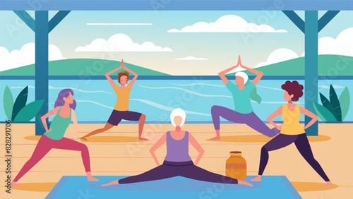 An inspiring group of retirees in a beachfront yoga studio basking in the ocean breeze as they flow through a gentle vinyasa sequence.. Vector illustration