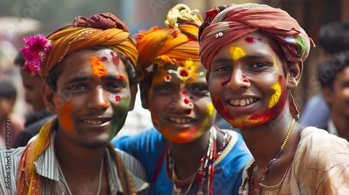 Young men of India. Indian men.Three individuals with painted faces and colorful headwear smiling during a festive celebration.  © Vivid Canvas