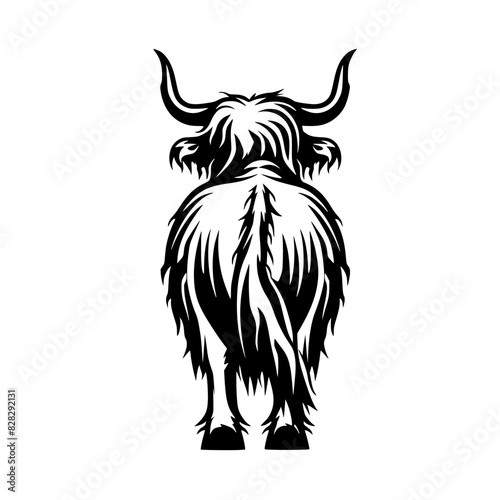 Highland Cow Cartoon Line Drawing from Behind, Black and white cartoon drawing of a highland cow viewed from behind, ideal for children's books, educational materials, and farm-themed designs.

