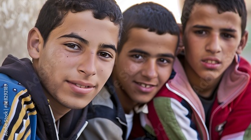 Young men of Algeria. Algerian men.Three young friends sharing a candid moment with a close-up of a smiling boy in the foreground 