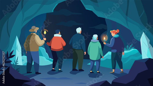 A group of seniors exploring a hidden cave with the help of headlamps learning about the unique geological formations.. Vector illustration