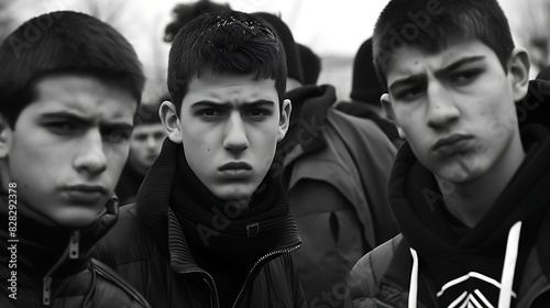 Young men of Bosnia and Herzogovina. Bosnian men.Three serious young men looking intently at the camera in a black and white photo.  photo