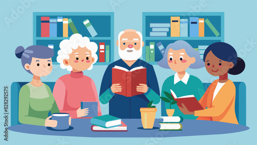 A senior center hosts a monthly book club where seniors mentor high school students and pass down their love for literature.. Vector illustration
