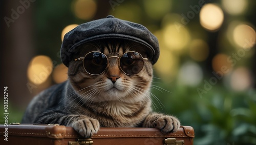A cat wearing a hat and sunglasses sitting on top of luggage,. © DEER FLUFFY