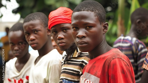 Young men of Ivory Coast. Ivorian men.Four young boys posing with serious expressions in an outdoor setting, conveying a sense of youth solidarity and strength.  photo