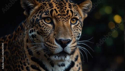 A close up of a jaguar looking into the camera with dark background .