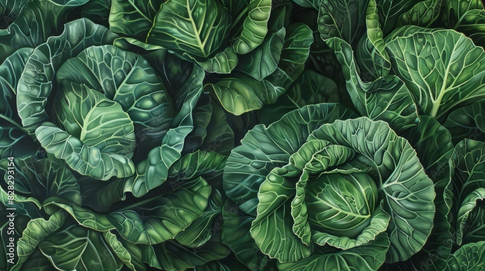Obraz premium Verdant vitality: A lush tapestry of cabbage leaves showcases nature's intricate patterns and vivid greens