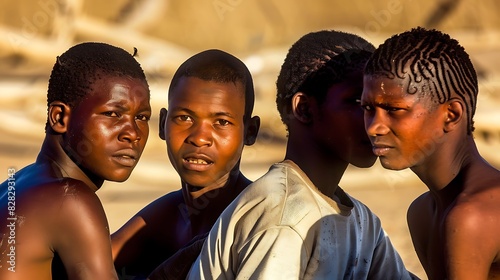 Young men of Namibia. Namibian men.Four young African boys focused and looking away with a warm, golden light highlighting their features.  photo