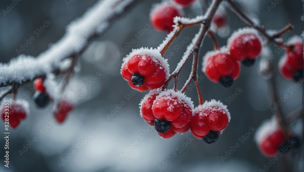 red berries in winter frozen branch in snow holiday blurred background. red berries in winter frozen branch in snow holiday blurred background.