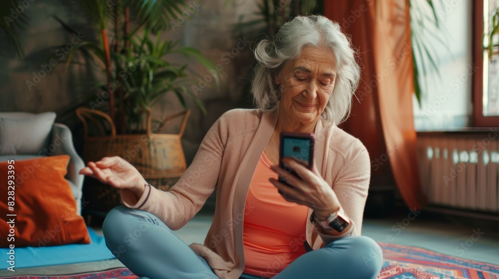 Senior Woman in Bright Living Room Using Smartphone to Video Call in Morning Senior Woman in Bright Living Room Using Smartphone to Video Call in Morning