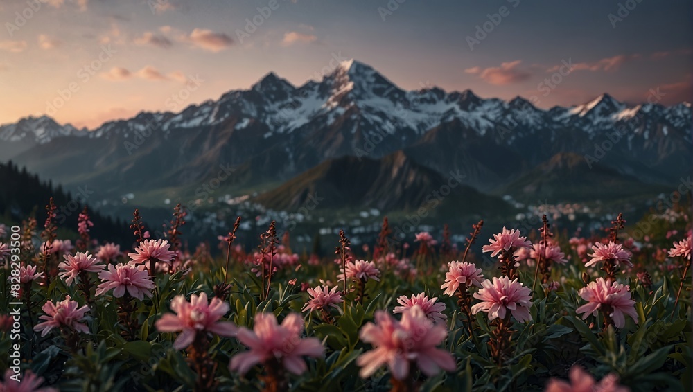 A mountain range with pink flowers in the foreground,. A mountain range with pink flowers in the foreground,.