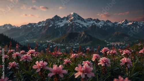 A mountain range with pink flowers in the foreground,.
