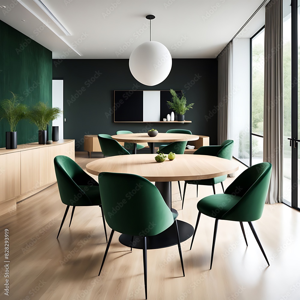 Dining room with green and wood tones, Modern minimalist restaurant or coffeehouse interior, large space cafe mockup for menu template, hotel or eatery area, 3D render Dining room with green and wood tones, Modern minimalist restaurant or coffeehouse interior, large space cafe mockup for menu template, hotel or eatery area, 3D render