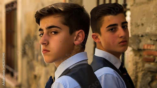Young men of San Marino. Sammarinese men.Two young men dressed in formal attire looking confidently towards the camera with a vintage urban background. 