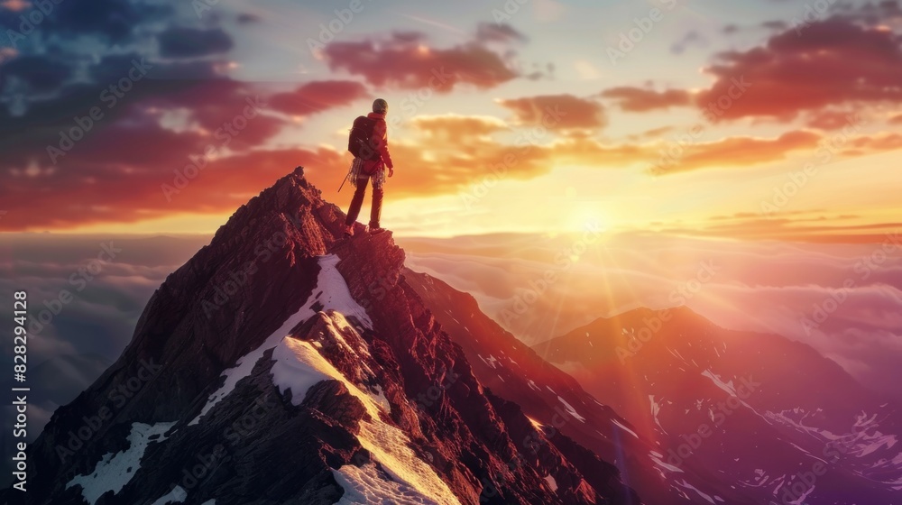 A male climber celebrates success at the top of a mountain in a majestic sunrise