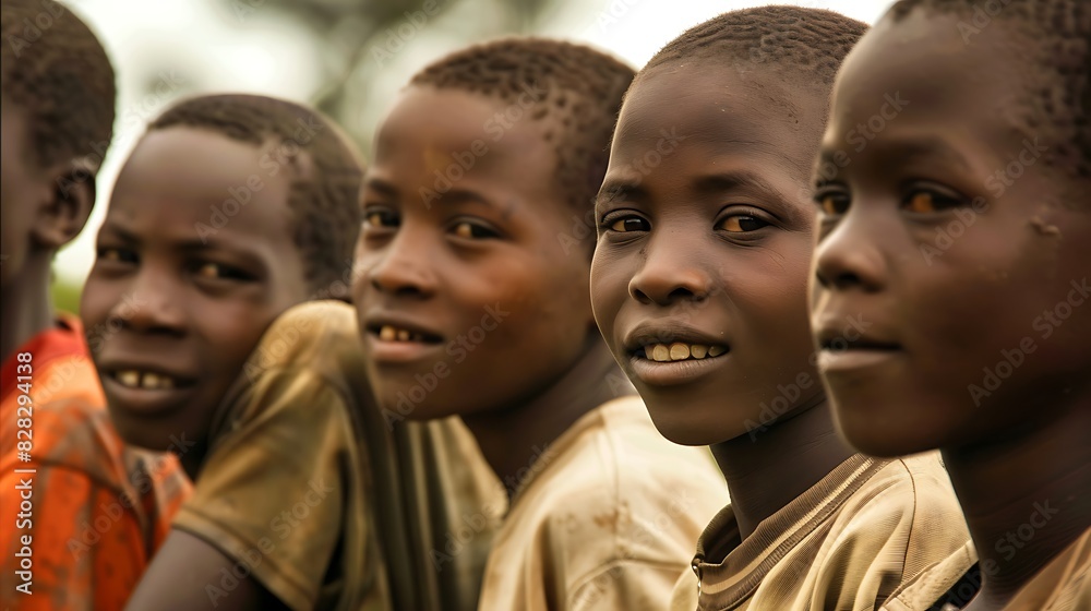 Young men of Tanzania. Tanzanian men.A group of African children smiling and looking towards the camera outdoors.