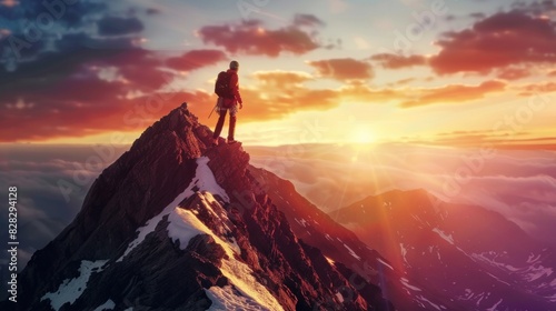 A male climber celebrates success at the top of a mountain in a majestic sunrise