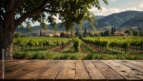 An empty wooden table for product display. blurred french vineyard in the background.
