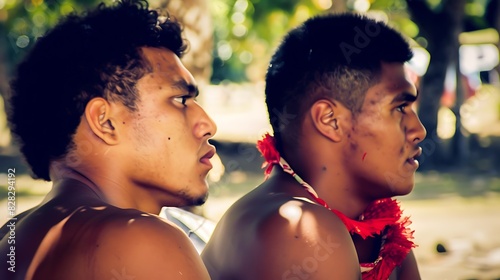 Young men of Tonga. Tongan men.Two men with traditional adornments looking into the distance with a focused expression, set against a blurry background of nature.  photo