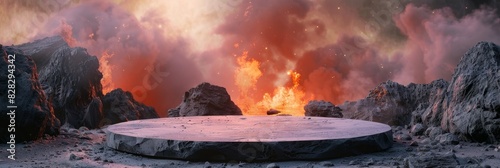 Volcanic Podium: A 3D Scene Displaying the Powerful Magmatic Energy of a Mountain Eruption photo