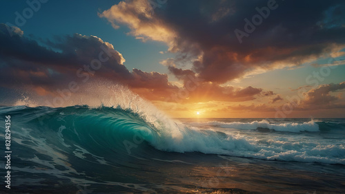Ocean waves hit the shore, sunset over the ocean. Generative AI photo
