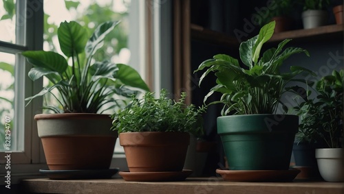 Beautiful green plants in pots on the shelves in room with window. generation Generative. © DEER FLUFFY