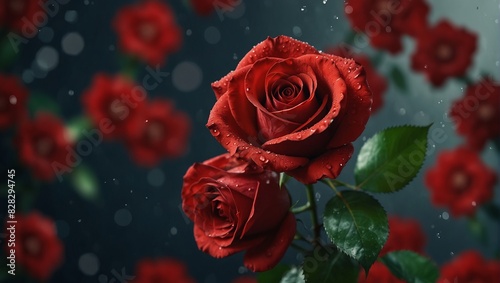Beautiful red rose petals will cascade onto an abstract floral backdrop adorning a stunning greeting card design.