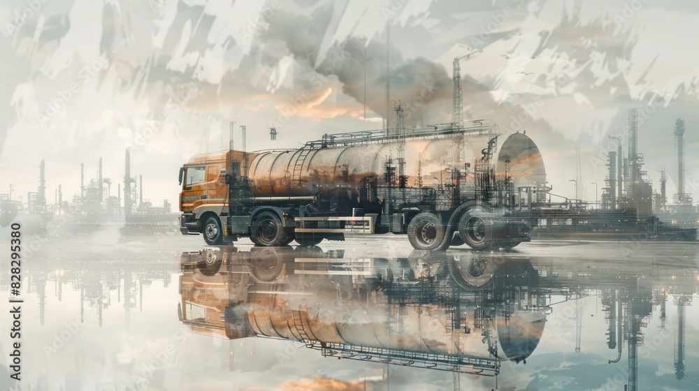 Fototapeta premium Double exposure of oil spill vacuum truck and oil refinery plant .