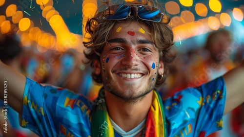 Portrait of a passionate male  fan celebrating at a UEFA EURO  football match, his face painted with the colors and patterns