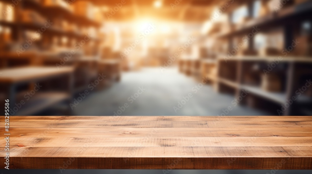 A wood table top on blurred factory background A wood table top on blurred factory background