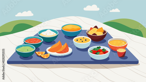 A rooftop gathering with a variety of dips and chips including y queso dip roasted garlic and herb dip and gourmet potato chips arranged on a sleek. Vector illustration