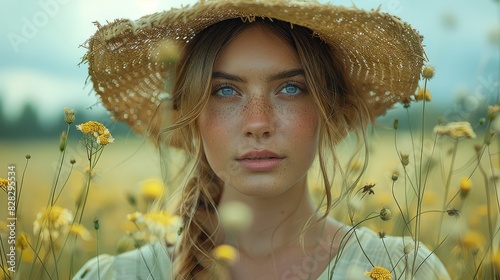 Portrait of a beautiful girl in a hat standing in a field
