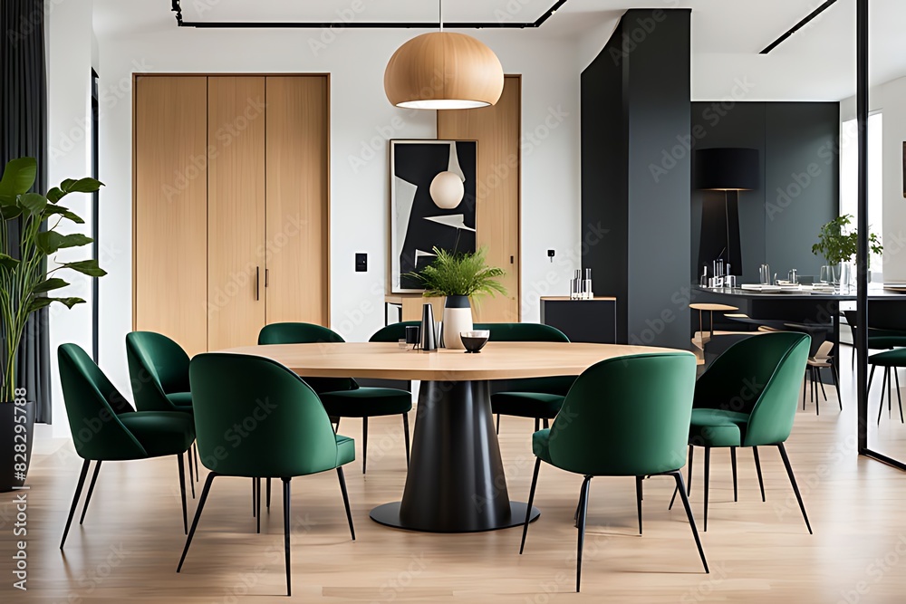 Dining room with green and wood tones, Modern minimalist restaurant or coffeehouse interior, large space cafe mockup for menu template, hotel or eatery area, 3D render Dining room with green and wood tones, Modern minimalist restaurant or coffeehouse interior, large space cafe mockup for menu template, hotel or eatery area, 3D render