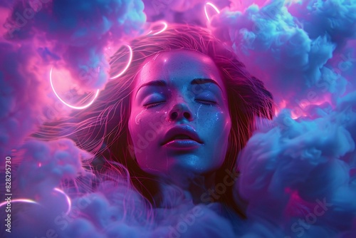 "Futuristic Digital Art: Surreal Woman Amidst Colorful Clouds"