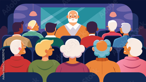 In a community center a group of seniors gather to watch their favorite classic movie quoting lines and remembering seeing it in theaters when they were younger.. Vector illustration