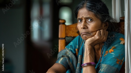 Indian woman in deep thought while sitting on a chair at home Concepts of unhappiness photo
