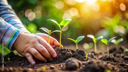A Children Hand Gently the Soil and Sprouting Plants.