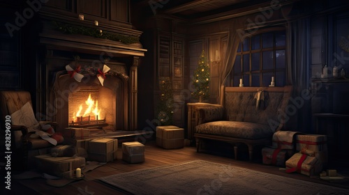Cozy fireplace with crackling flames © rachmat