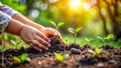 A Children Hand Gently the Soil and Sprouting Plants.
